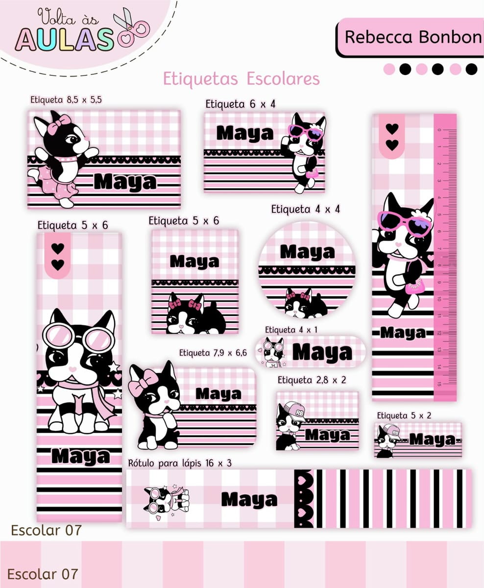 Kit Escolar Rebecca Bonbon Digital para Revenda 4 Conjunto de etiquetas escolares personalizadas com tema de cachorrinho em tons rosa e preto.