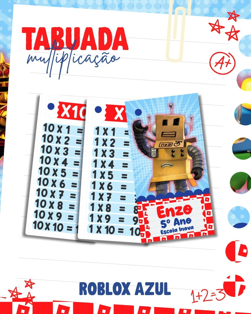Kit Escolar Roblox Arquivo Digital Volta as Aulas 3 Arte digital de tabuada de multiplicação com tema de robô e cores azul e vermelha.