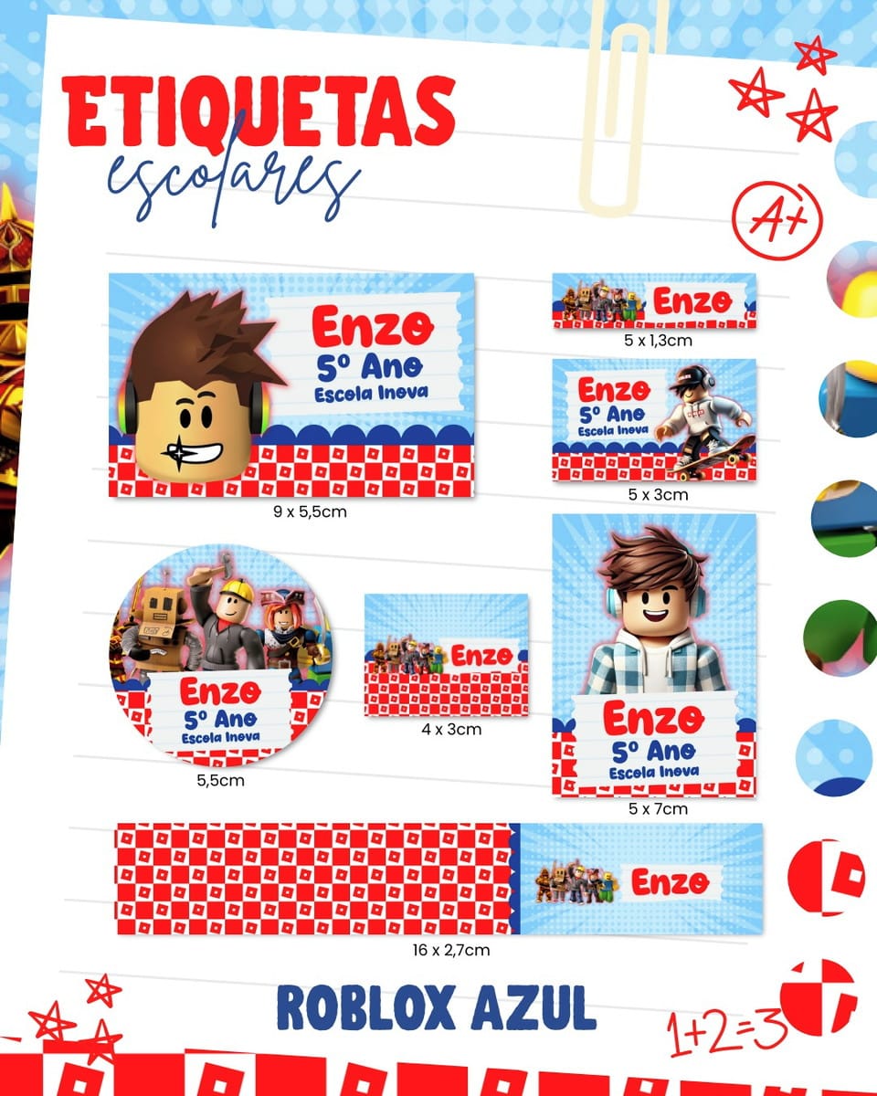 Kit Escolar Roblox Arquivo Digital Volta as Aulas 1 Etiquetas escolares personalizadas com personagens virtuais blocados em vários tamanhos diferentes