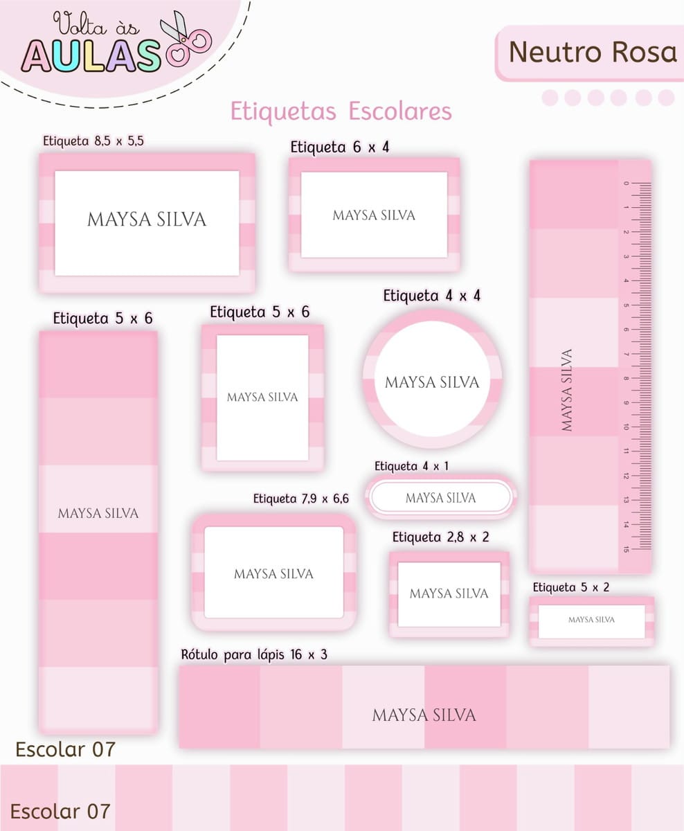 Kit Escolar Rosa Neutro Arquivo Digital para Personalizar 5 Folha com diversos modelos de etiquetas escolares personalizadas em tons de rosa.