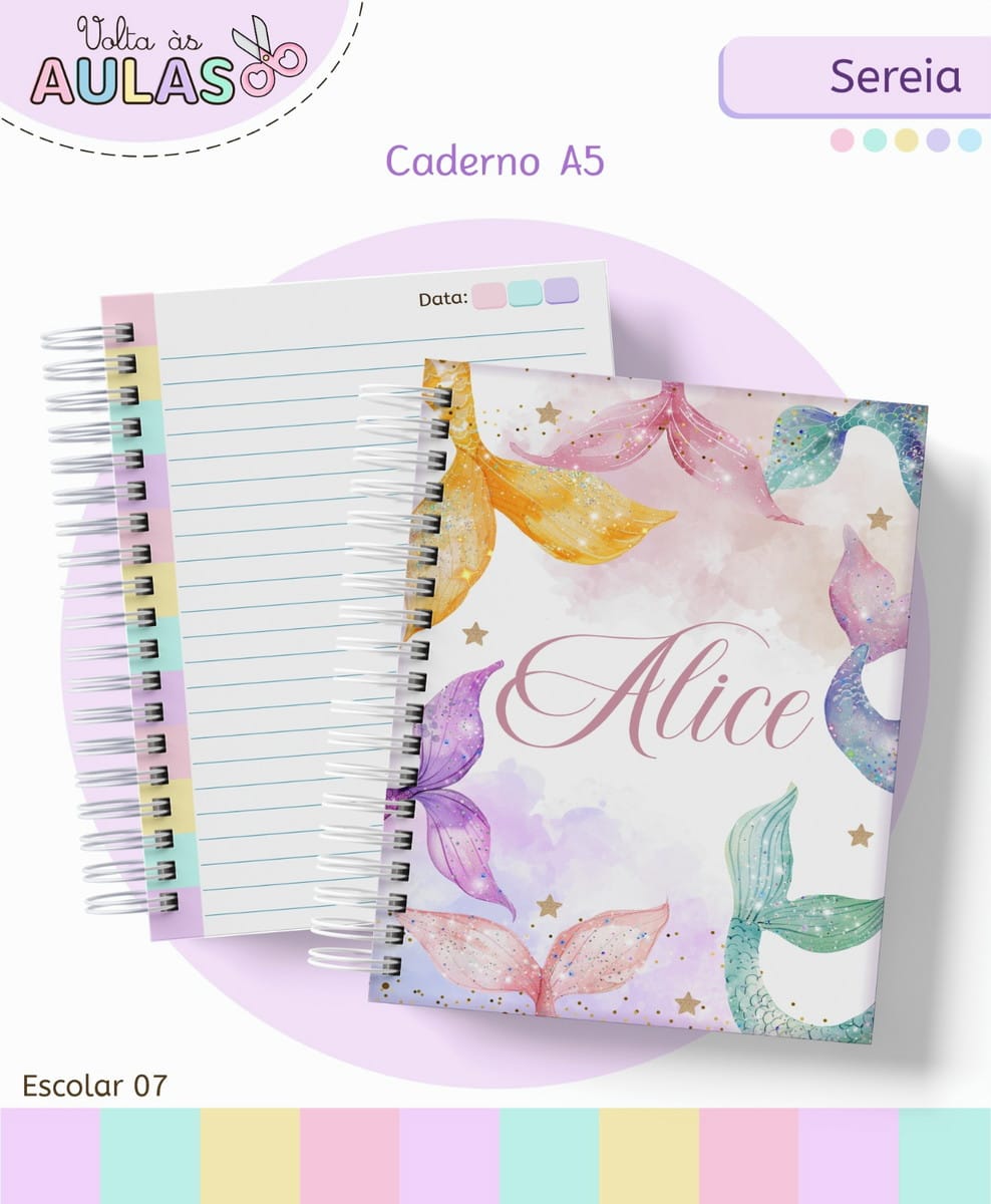 Kit Escolar Sereia Digital para Personalizar Cadernos 3 Caderno espiral tamanho A5 com estampa de caudas de sereia coloridas.