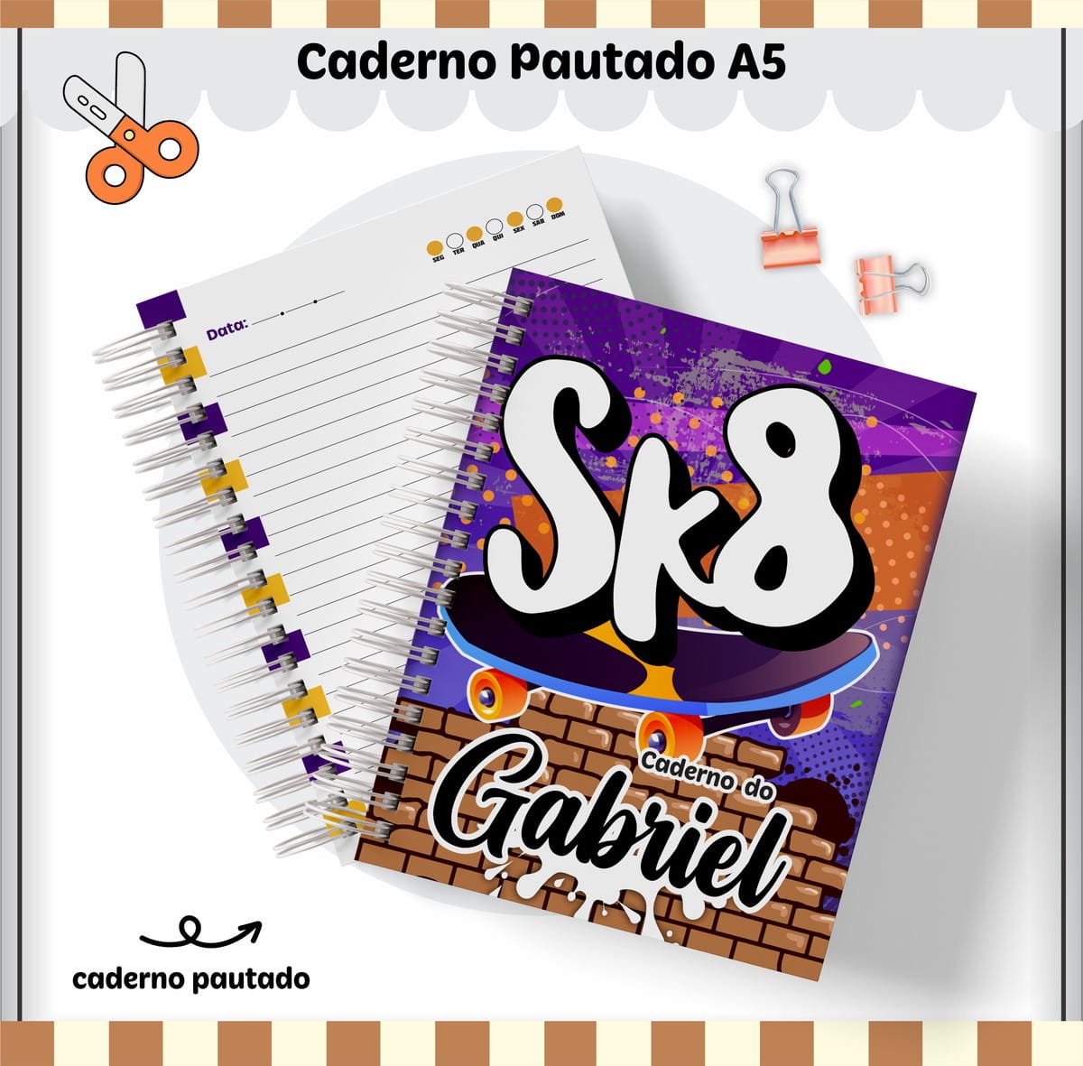 Kit Escolar Skate Personalizado Arquivo Digital Gabriel 3 Caderno espiralado com estampa de skate e parede de tijolos.