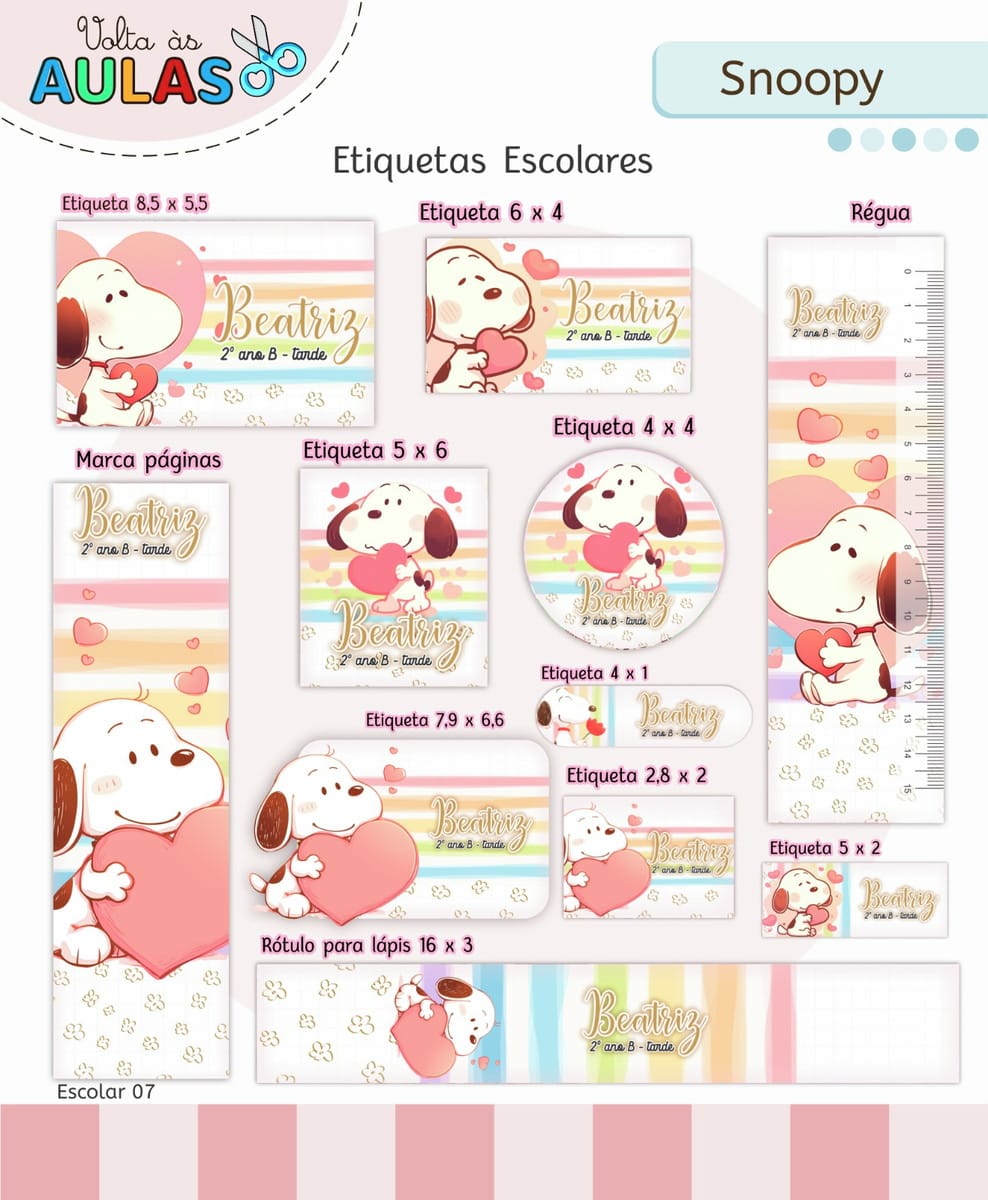 Kit Escolar Snoopy Digital para Sublimação e Papelaria 3 Conjunto de etiquetas escolares personalizadas com ilustrações de cão e corações.