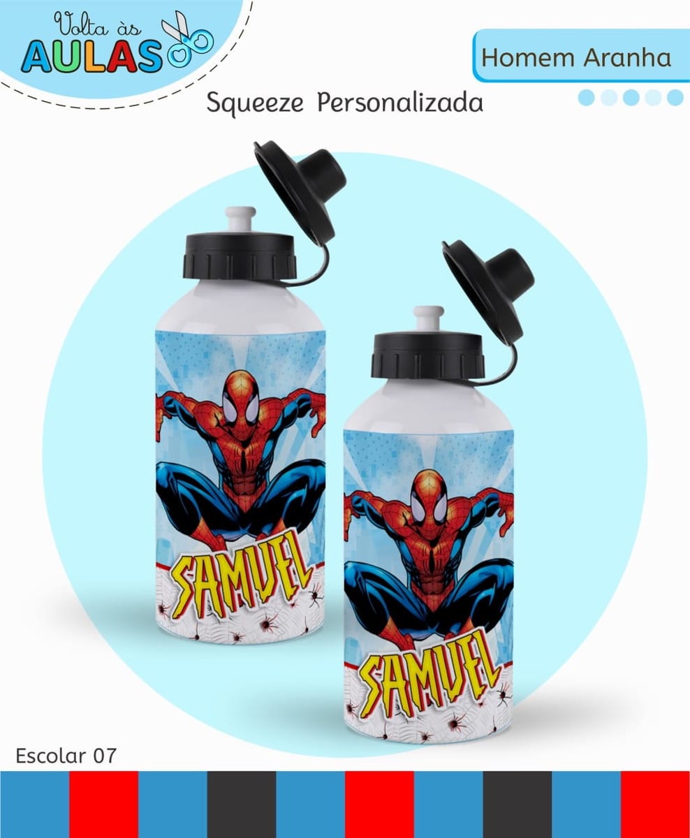 Kit Escolar Sonic Artes Digitais para Papelaria 4 Duas garrafas de metal personalizadas com tema de super-herói e nome estampado em destaque.
