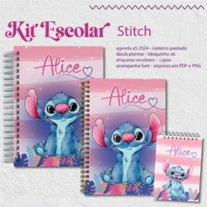 Kit Escolar Stitch Rosa 2025 - Arquivos Encadernação 4 Kit Escolar Stitch Rosa 2025 - Arquivos Encadernação