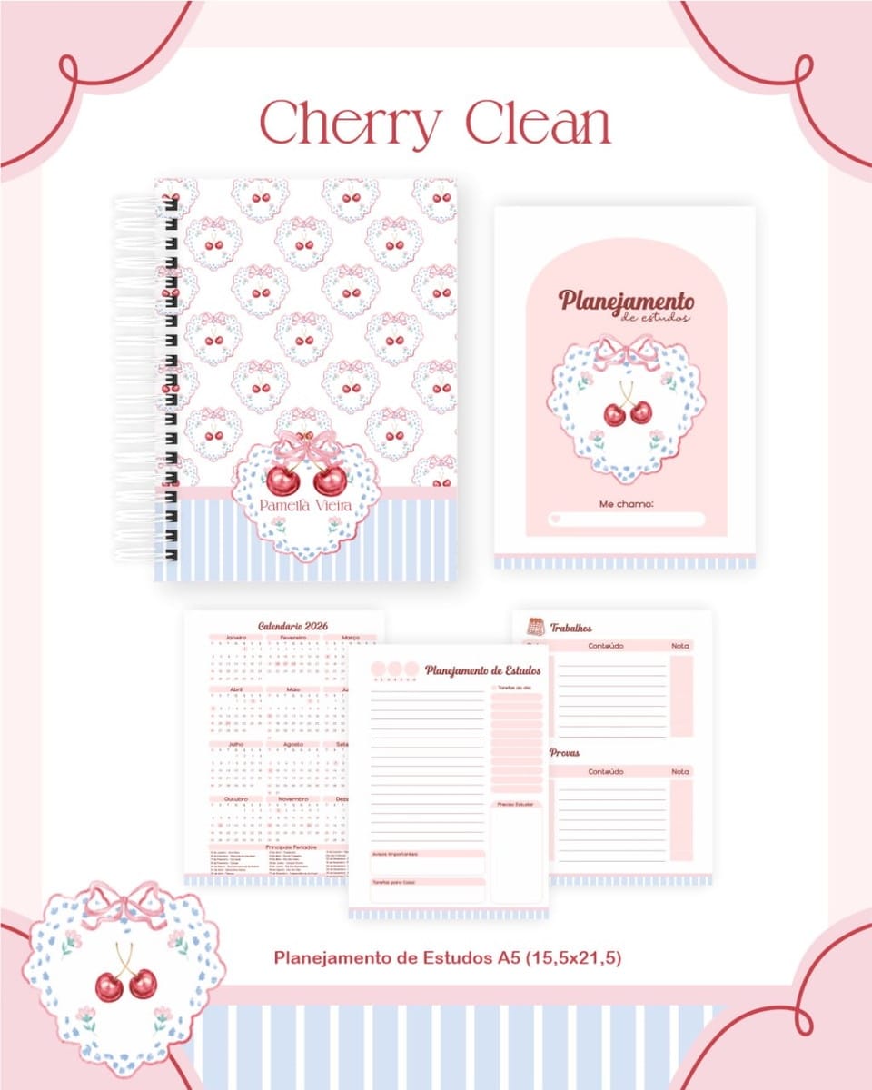 Kit Escolar Teen Cherry Clean Digital para Personalizar 2 Arte digital de planejamento de estudos com tema de cerejas e tons rosa.