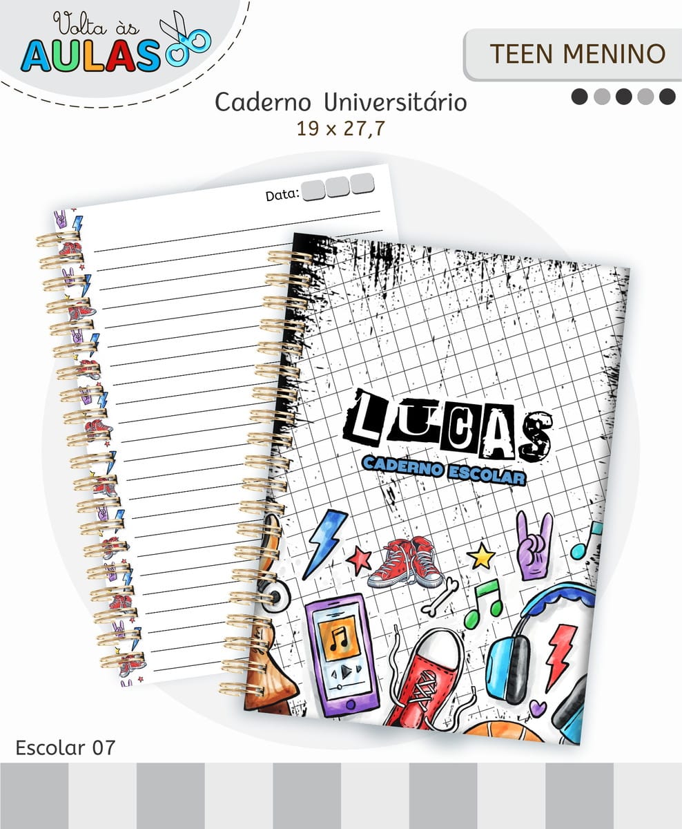 Kit Escolar Teen Masculino Digital para Personalizar 2 Caderno universitário espiralado com capa quadriculada e desenhos variados coloridos.