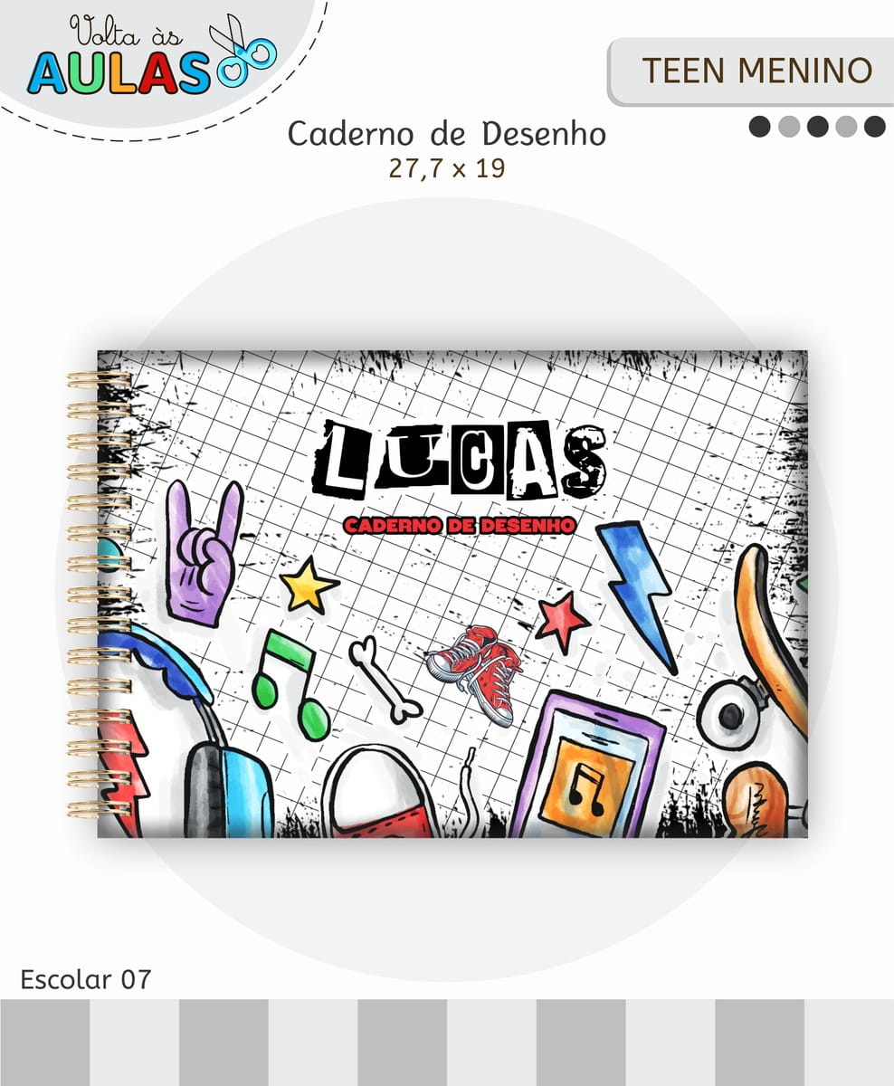 Kit Escolar Teen Masculino Digital para Personalizar 3 Capa de caderno de desenho com ilustrações juvenis coloridas sobre fundo quadriculado.