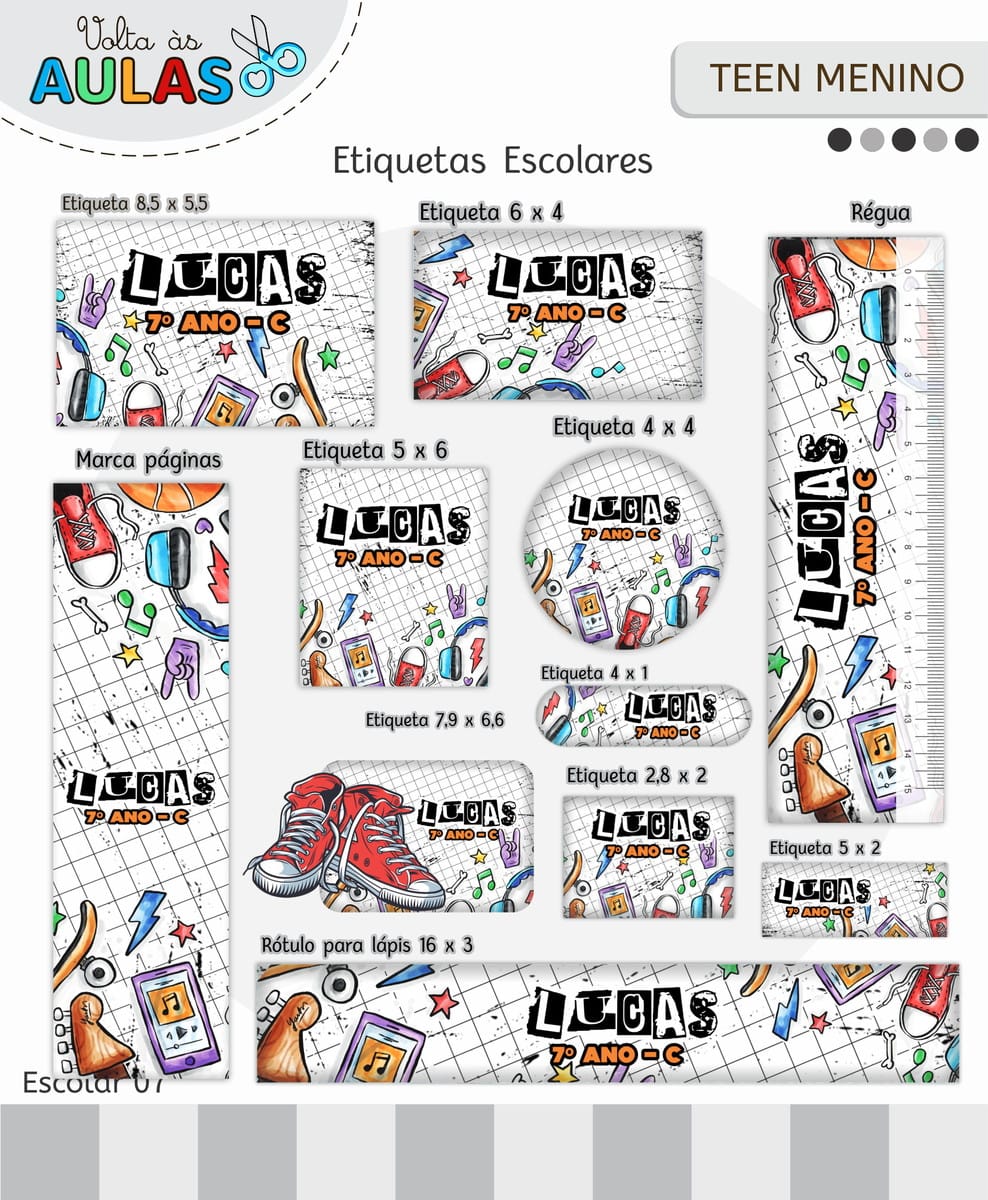 Kit Escolar Teen Masculino Digital para Personalizar 4 Conjunto de etiquetas escolares personalizadas com desenhos variados e fundo quadriculado.