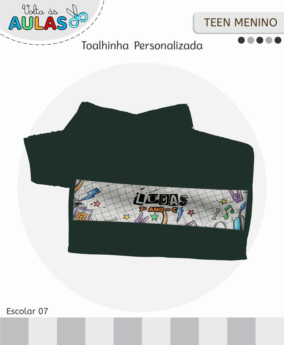 Kit Escolar Teen Masculino Digital para Personalizar 5 Toalhinha escura personalizada com estampa escolar e nome escrito em destaque no centro.