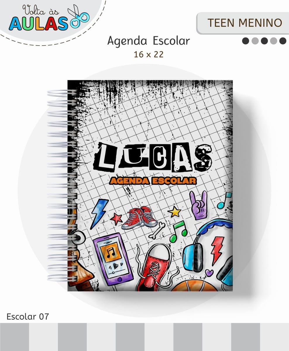 Kit Escolar Teen Masculino Digital para Personalizar 1 Agenda escolar com capa personalizada com desenhos coloridos, nome em destaque e espiral branca