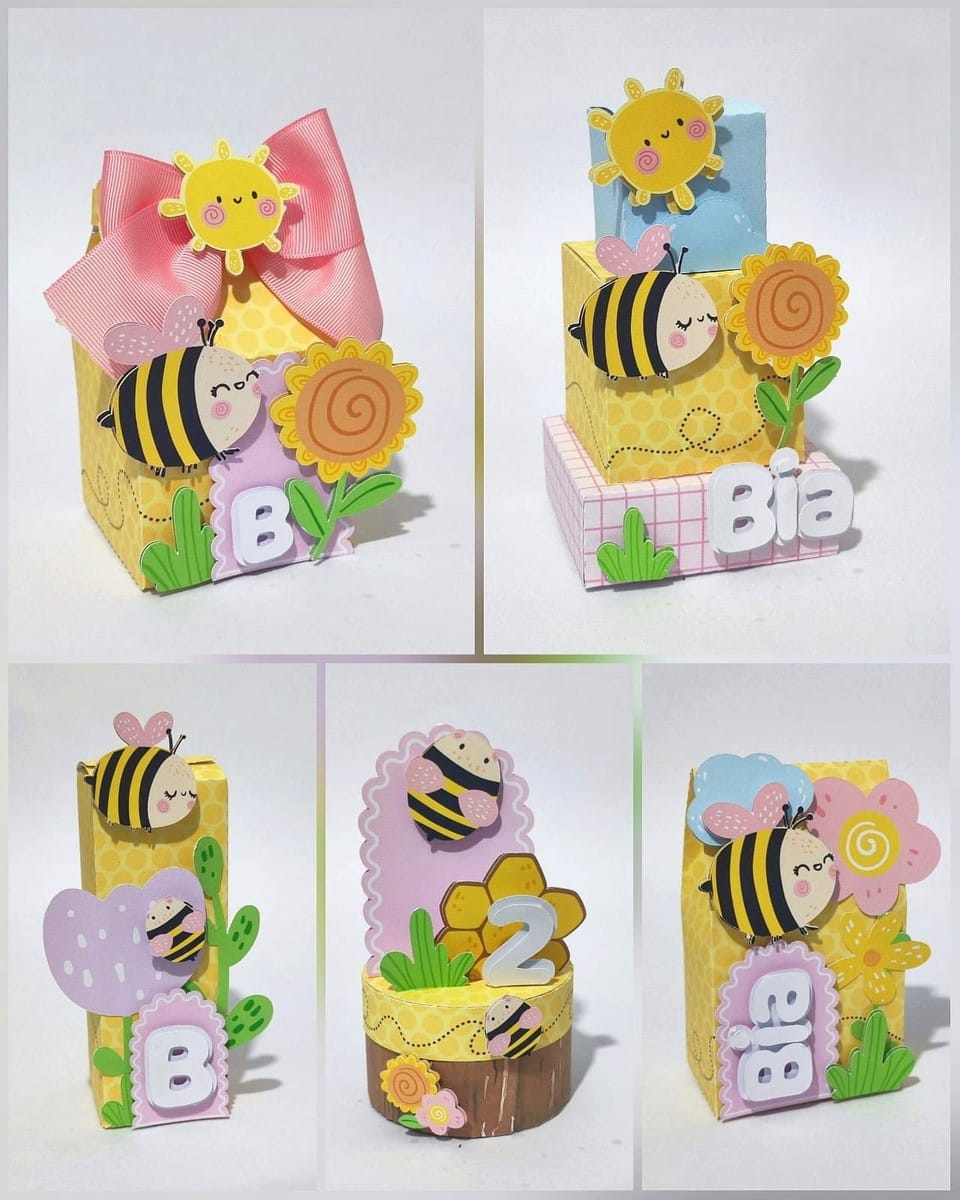 Kit Festa Abelhinha em PDF e Studio para Decoração Infantil 1 Artesanato de papel com tema de abelhas e girassóis em caixas decoradas.