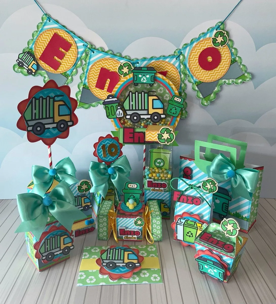 Kit Festa Caminhão do Lixo 1 Conjunto de decorações de festa em papel com temática de reciclagem e caminhões