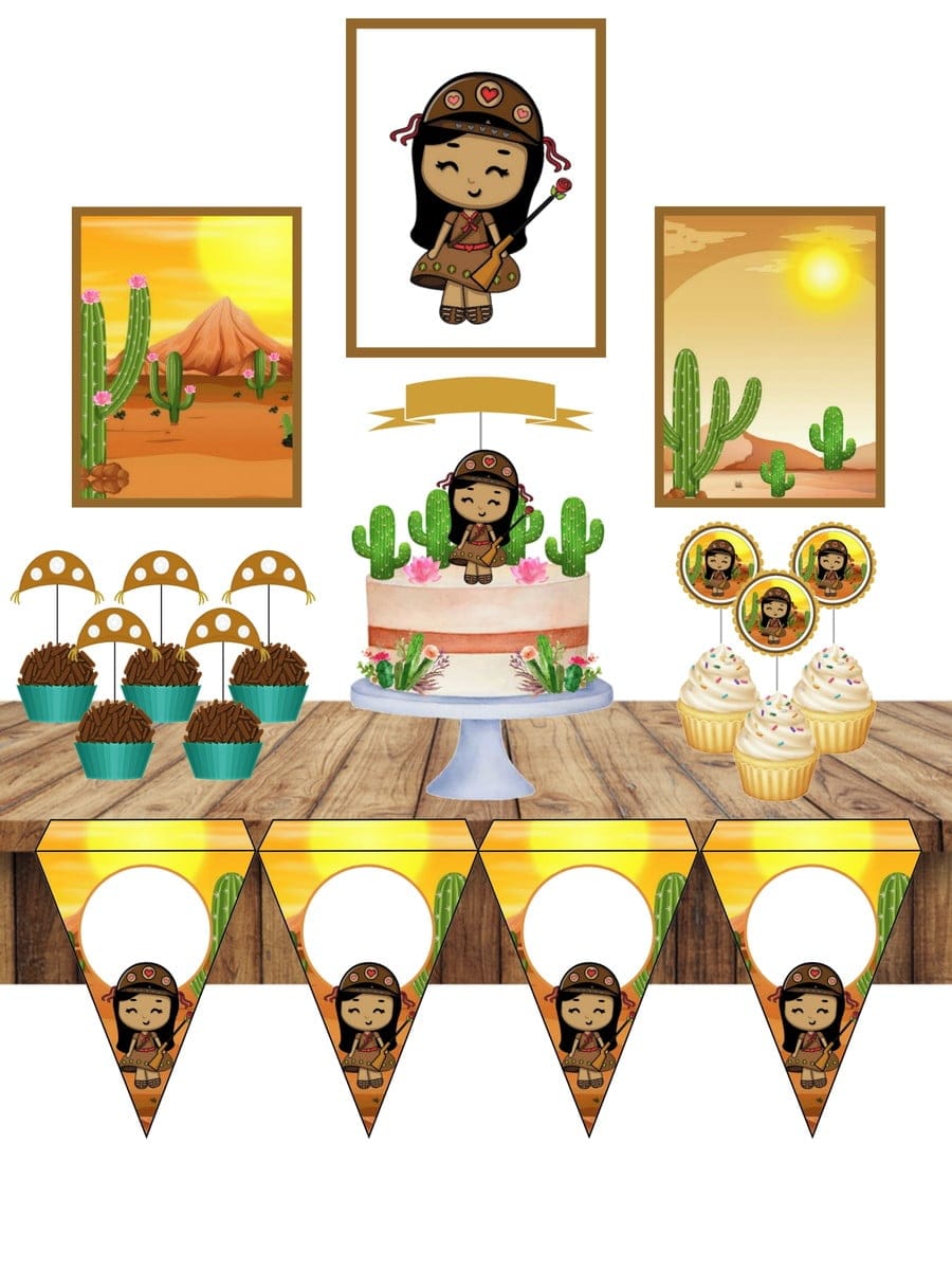 Kit Festa Cangaceiro Digital com Artes Editáveis 1 Kit de decoração digital com tema de sertão e elementos de festa infantil festiva.