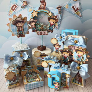 Kit de festa infantil com tema de cowboy, incluindo toppers e caixas decoradas.