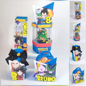 Conjunto de caixas decoradas com temas de anime colorido para festas infantis.