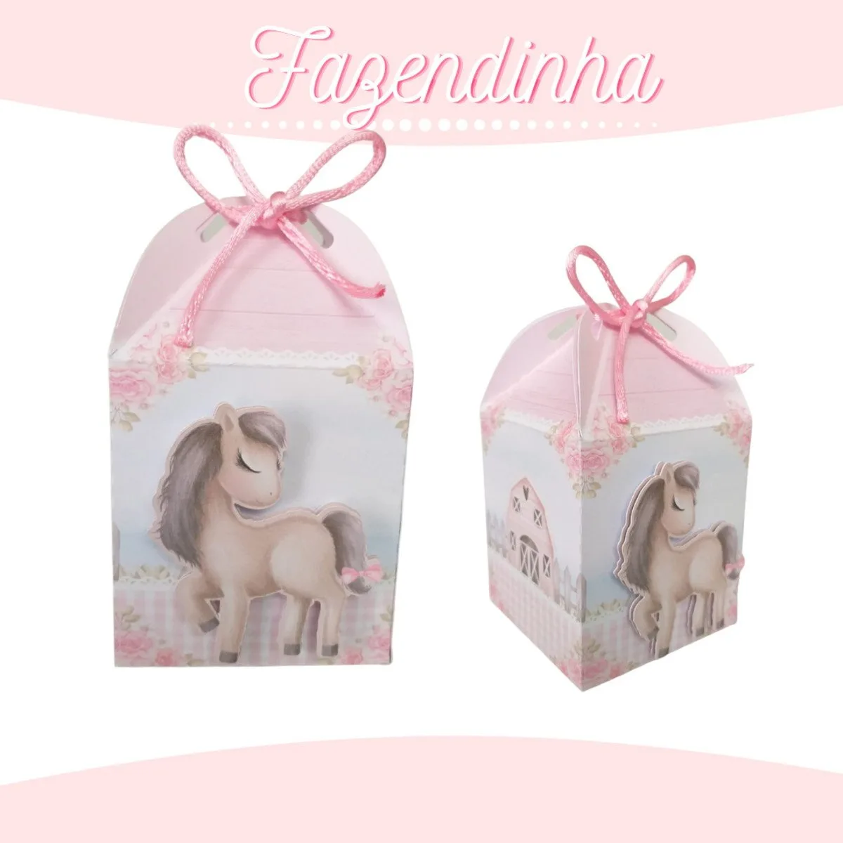 Kit Festa Fazendinha Menina 2 Duas caixas de lembrancinha cor de rosa com ilustrações de pôneis fofos.