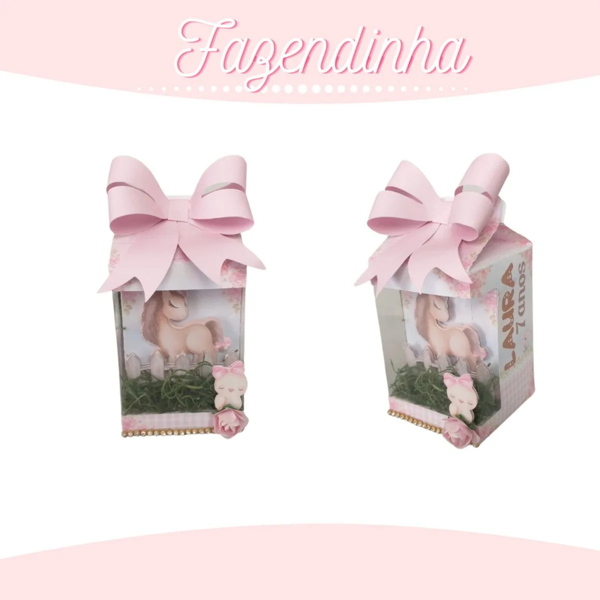 Kit Festa Fazendinha Menina 3 Duas caixas decorativas com laços rosas contendo ilustração de pônei em estilo fazenda.