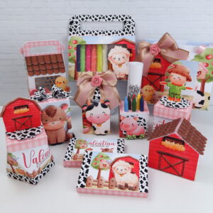 Kit Festa Fazendinha Menina Arquivo Digital Completo 4 Conjunto de caixas personalizadas com tema de fazenda para festa infantil.