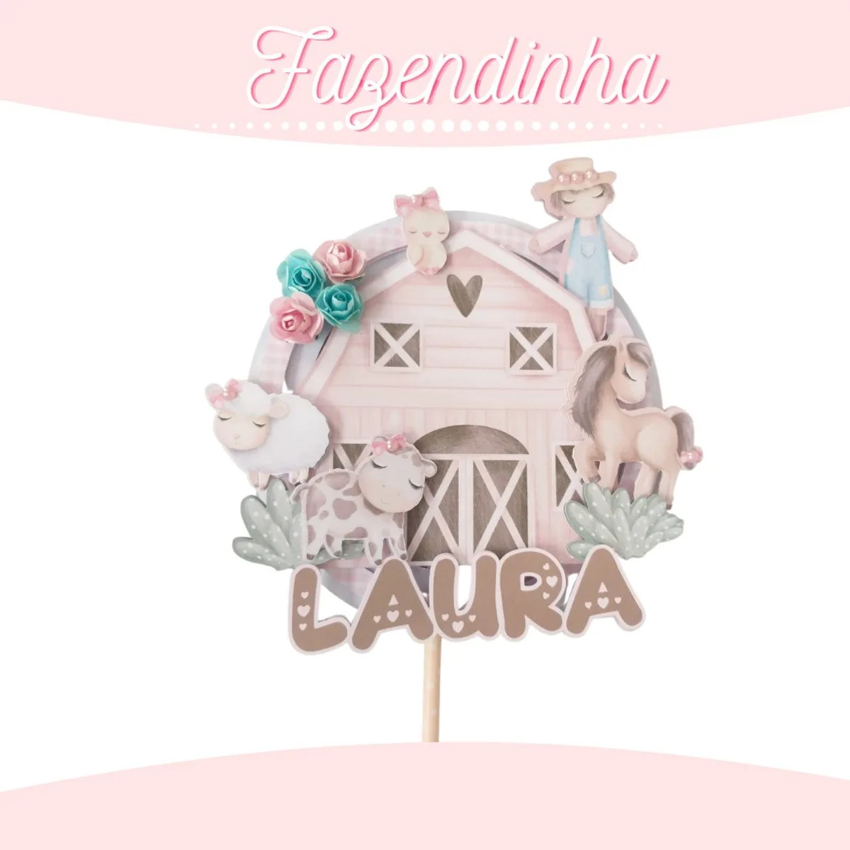 Kit Festa Fazendinha Menina 1 Topo de bolo temático infantil com ilustrações de celeiro, animais e flores em tons pastéis.