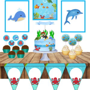 Decoração de festa infantil com tema de fundo do mar sobre mesa rústica.