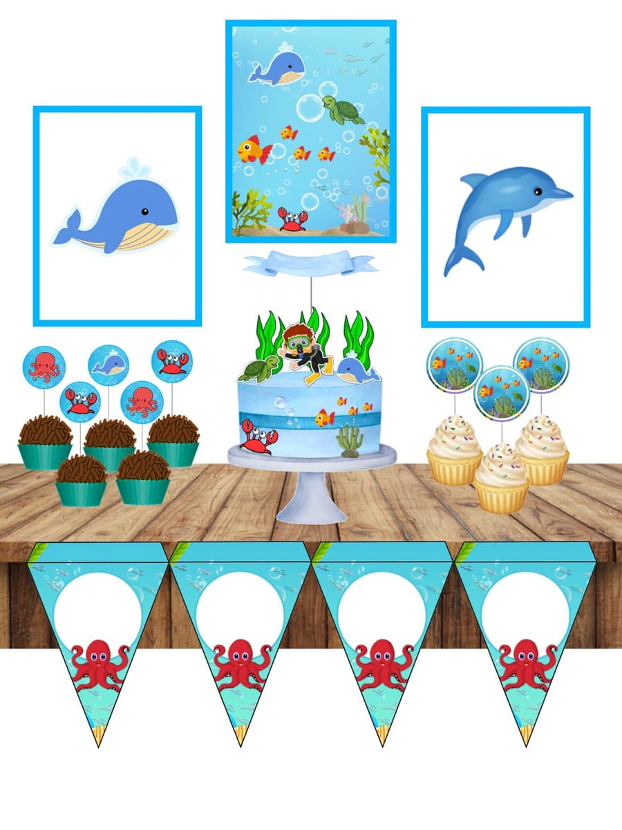 Kit Festa Fundo do Mar Arquivo Digital Editável 1 Decoração de festa infantil com tema de fundo do mar sobre mesa rústica.