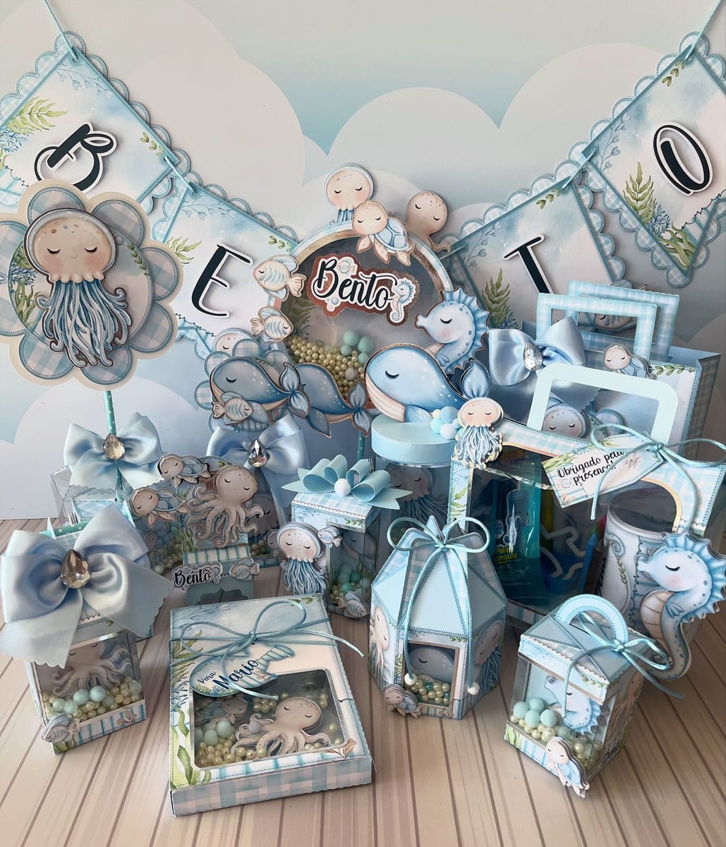 Kit Festa Fundo do Mar Azul em PDF e Studio 1 Designs digitais para decorações de festa tema mar com animais fofos.
