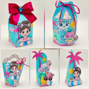 Caixas de papel decoradas com tema de festa na piscina e desenhos.
