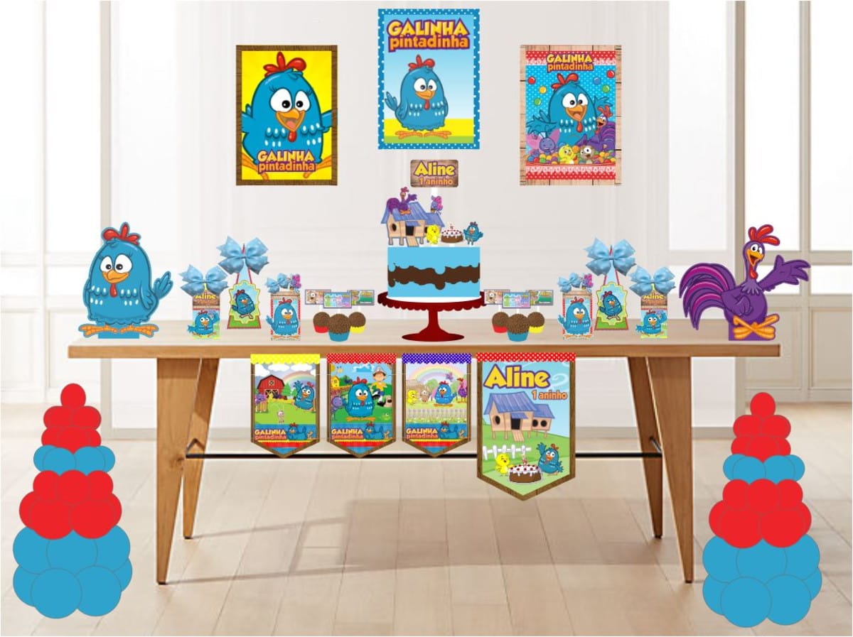Kit Festa Galinha Pintadinha Digital para Imprimir 1 Arte digital de festa infantil com tema de galinha azul e balões.