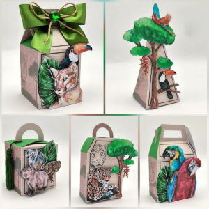 Kit Festa Infantil Animais da Amazônia em Aquarela PDF 9 Caixas de papel decoradas com ilustrações de animais da floresta em relevo