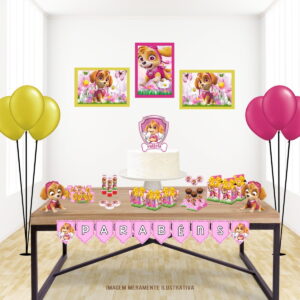 Kit Festa Infantil Skye Patrulha Canina Arquivo Digital 16 Mesa decorada com tema de festa infantil, bolo, doces, balões e painel.