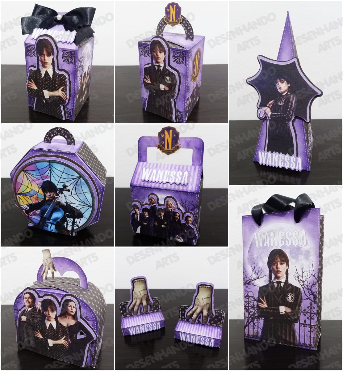 Kit Festa Infantil Wandinha Arquivo Digital para Corte 2 Coleção de embalagens personalizadas com temática gótica e tons de roxo.