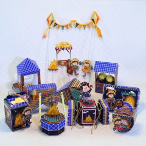 Kit de festa em papel com tema de festa junina e personagens caipiras.