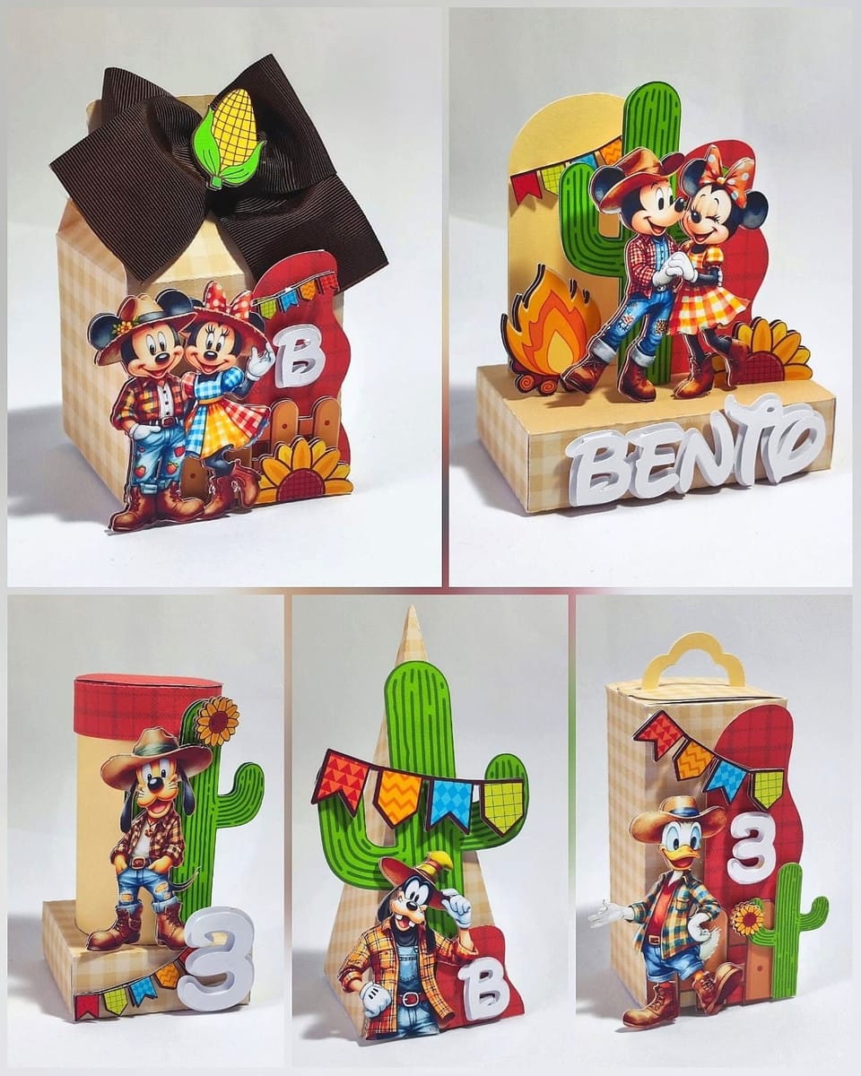 Kit Festa Junina Mickey e Minnie Studio e PDF 1 Conjunto de enfeites de papel com tema de festa caipira e personagens tradicionais.