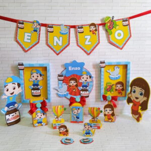 Kit Festa Digital Luccas Neto e Gi para Imprimir 3 Decorações de festa infantil com tema de personagens de desenho e potes de Nutella.