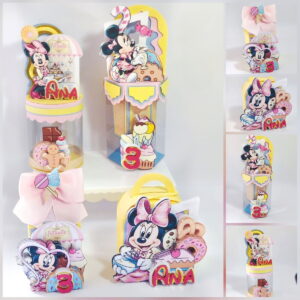 Arte digital de festa infantil com tema de doces, personagem feminina e números.