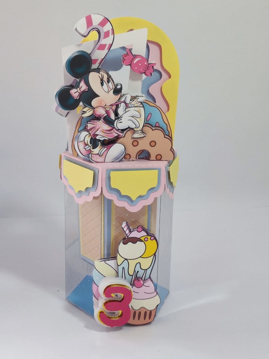 Kit Festa Minnie Confeiteira Luxo em Studio e PDF 5 Arte digital de personagem feminina com laço, bebendo milkshake, com números e doces.