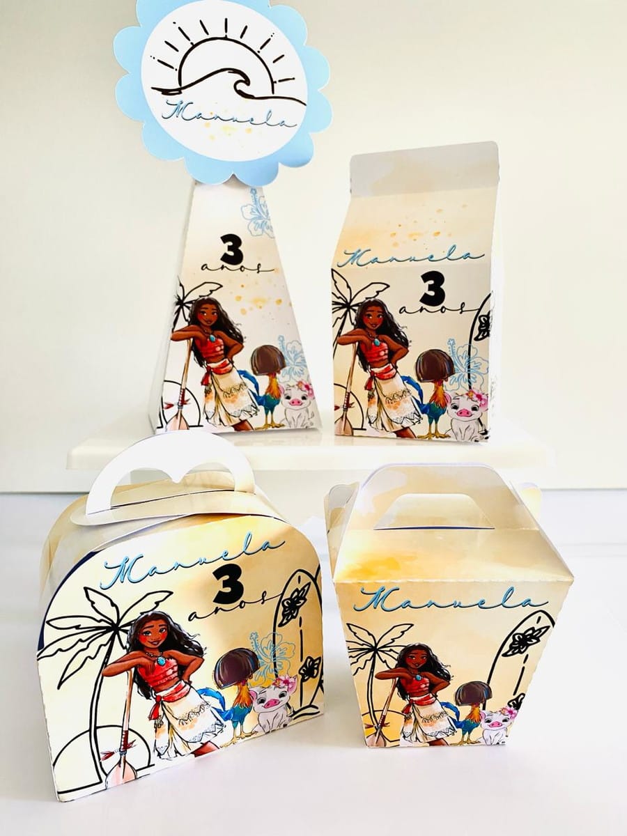 Kit Festa Moana Digital com Arquivo Studio e PDF 1 Conjunto de caixas de papel decoradas com tema tropical para festa infantil.
