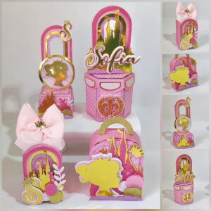 Kit Festa Realeza Menina Studio Digital Luxo 9 Conjunto de caixas decoradas em tons de rosa e dourado com temática de princesa