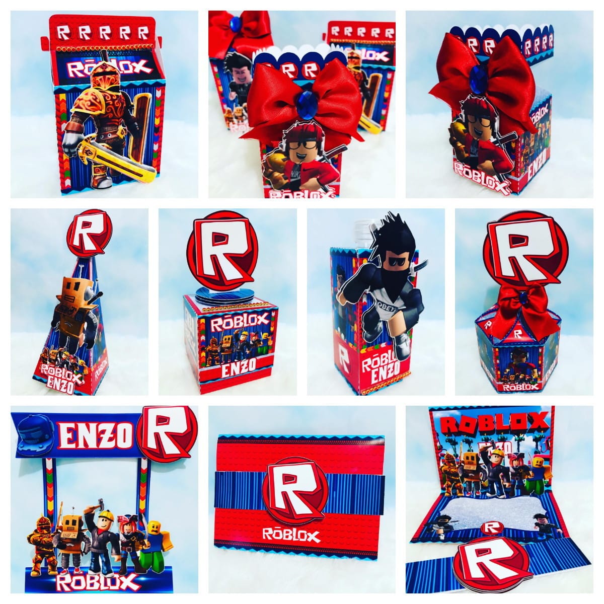 Kit Festa Roblox Editável com Moldes para Imprimir 2 Designs de festa digital Roblox com personagens e logo R, em vermelho e azul.