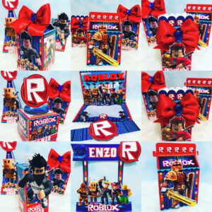 Kit Festa Roblox Editável com Moldes para Imprimir 6 Arte digital de lembrancinhas de festa com tema de jogo de blocos e personagens.