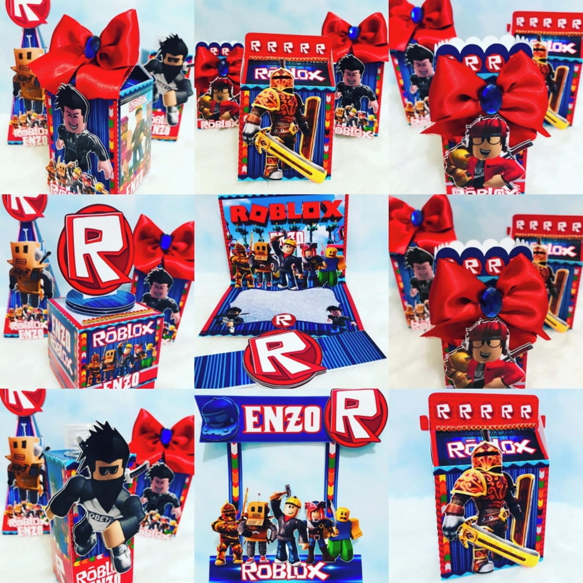 Kit Festa Roblox Editável com Moldes para Imprimir 1 Arte digital de lembrancinhas de festa com tema de jogo de blocos e personagens.