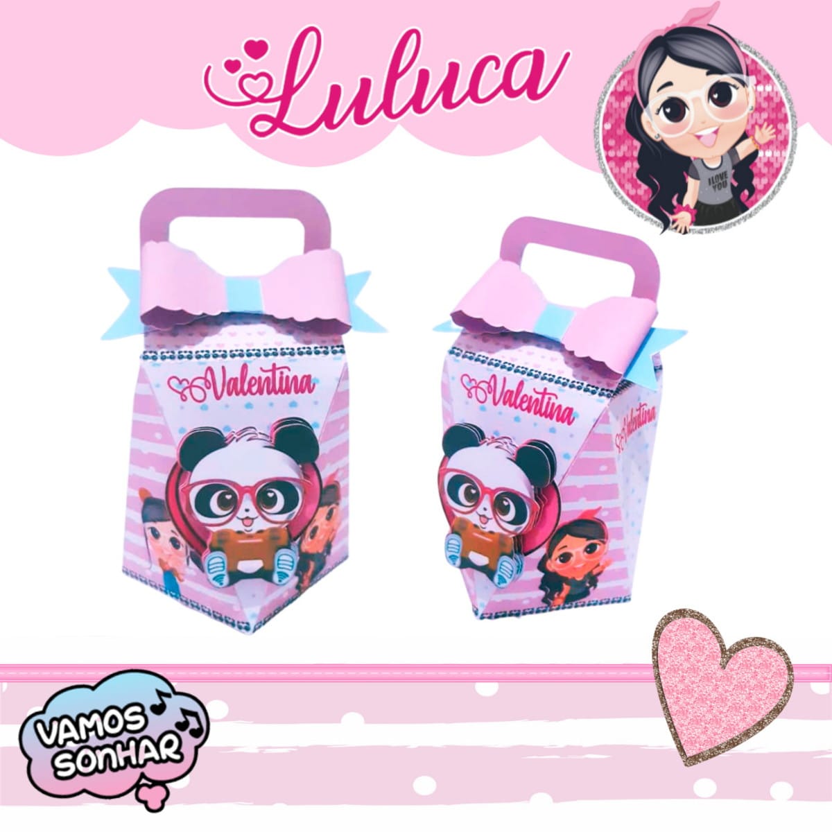 Kit Festa Luluca Games Digital com Arquivos Editáveis 2 Duas caixas digitais de lembrancinhas com tema de panda e personagens infantis.