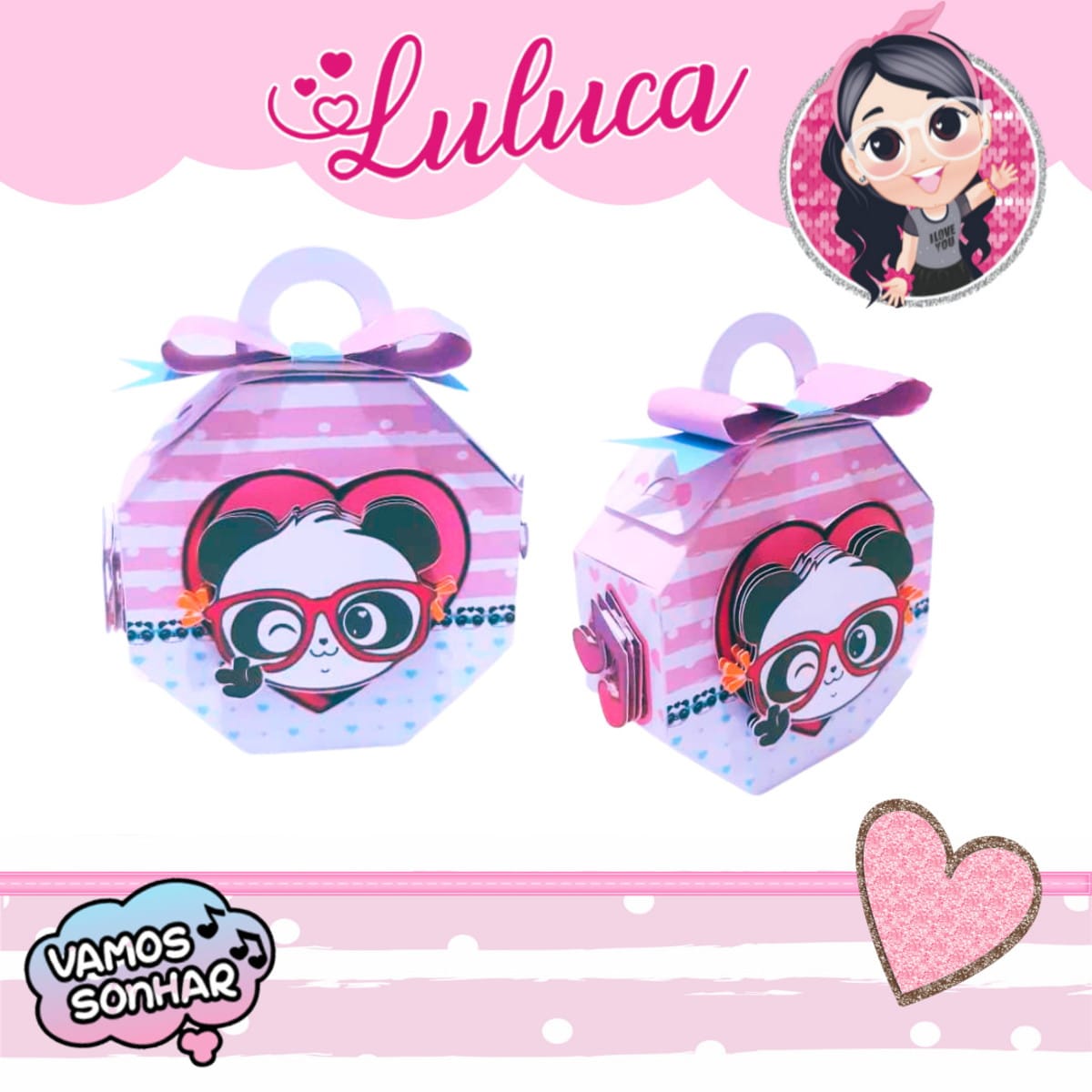 Kit Festa Luluca Games Digital com Arquivos Editáveis 3 Arte digital de duas caixas de presente hexagonais rosa com panda de óculos.