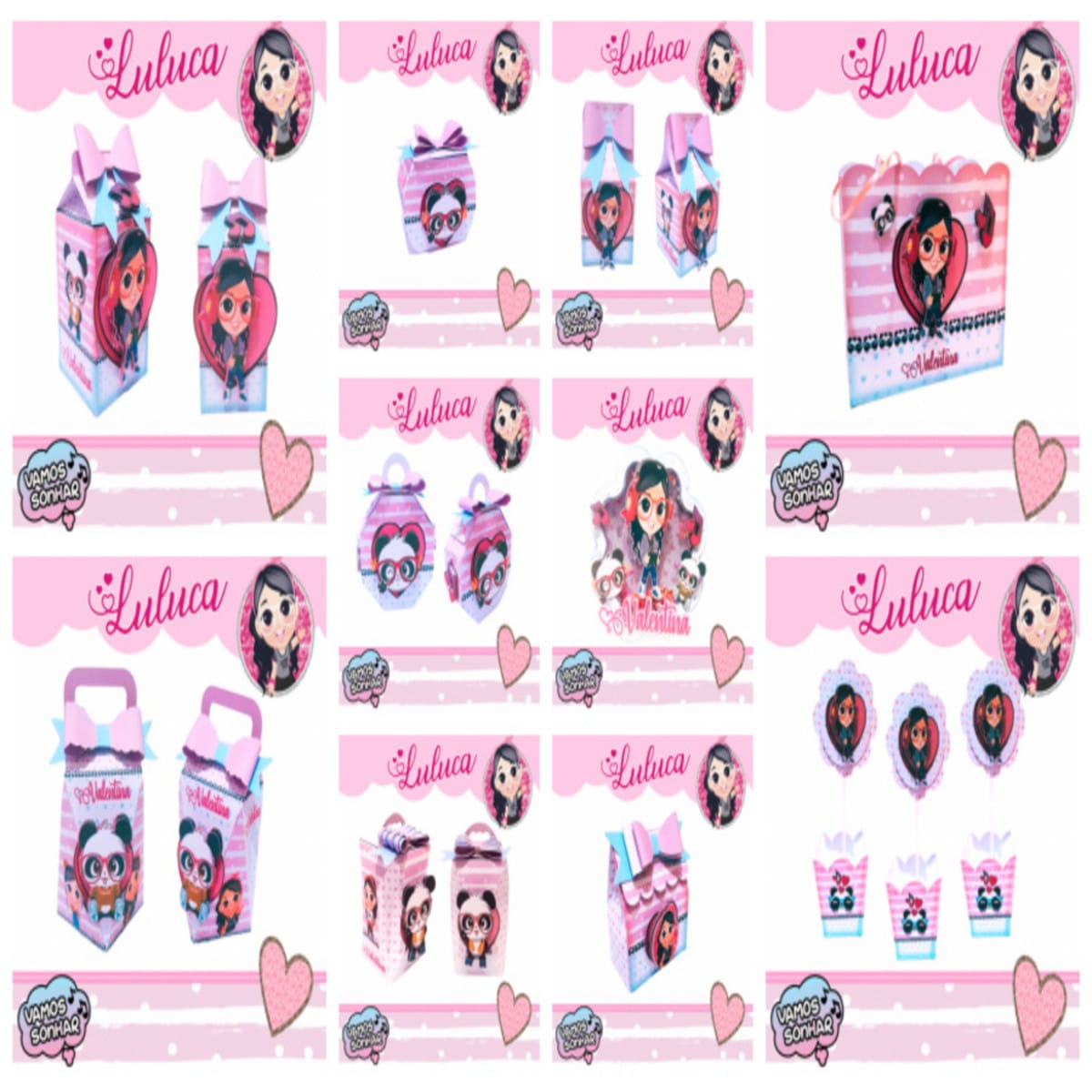 Kit Festa Luluca Games Digital com Arquivos Editáveis 4 Arte digital de caixas e toppers de festa com personagem feminina e pandas em rosa.
