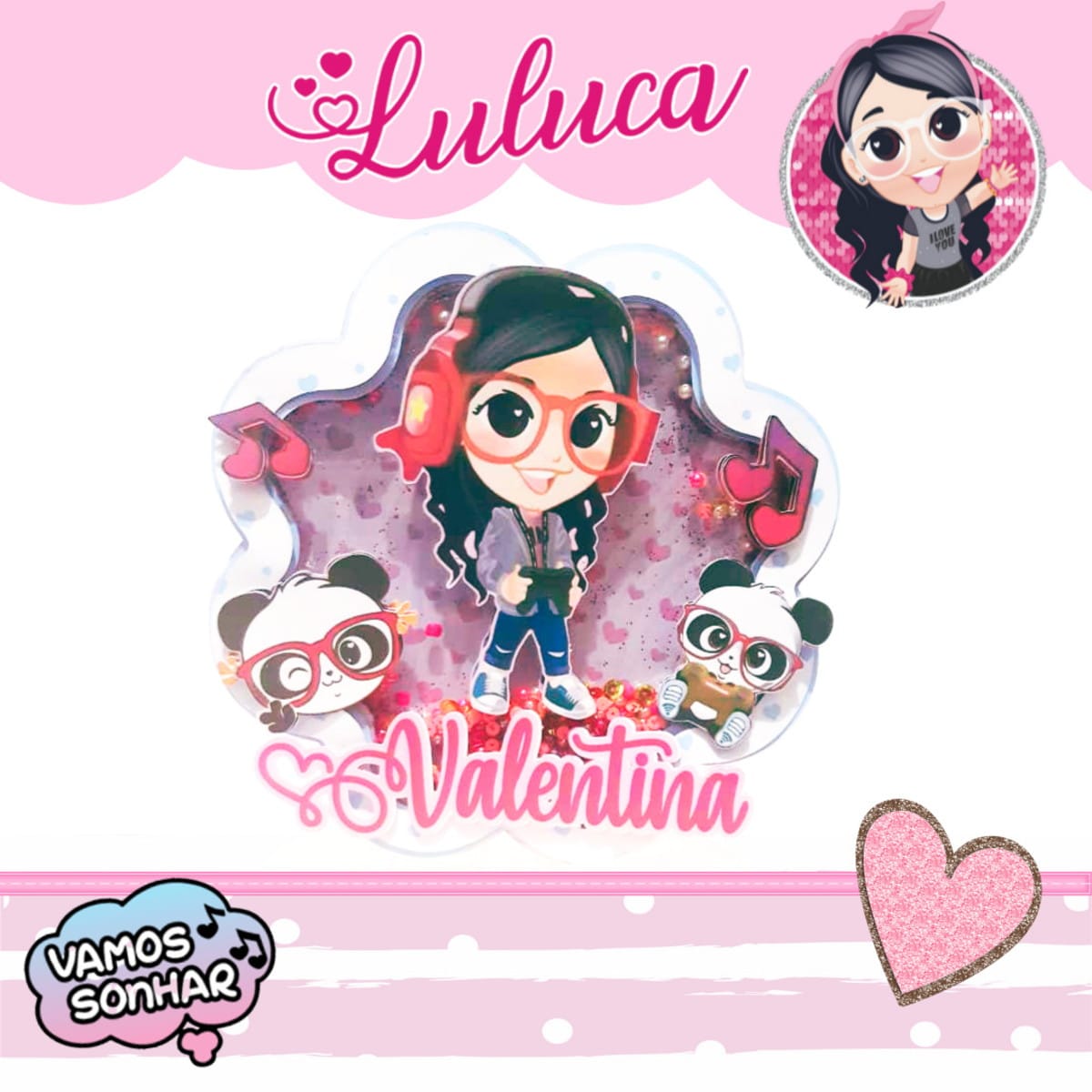 Kit Festa Luluca Games Digital com Arquivos Editáveis 1 Ilustração digital de personagem feminina gamer, pandas, notas musicais e balão "Vamos Sonhar".