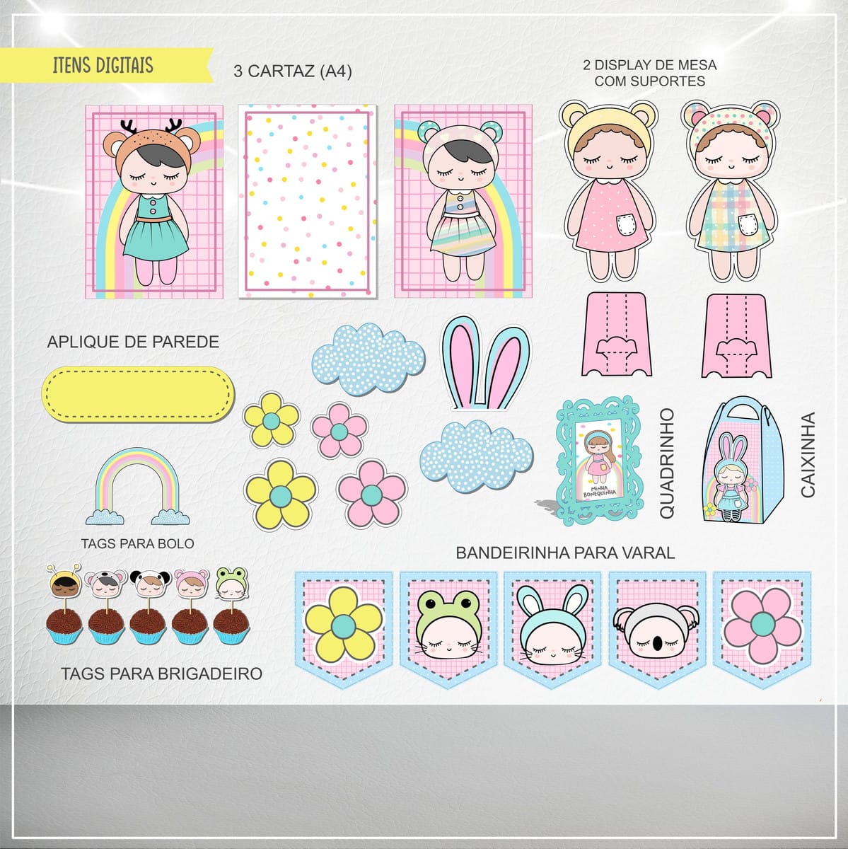 Kit Festa Só Um Bolinho Metoo Doll Digital em PDF e Studio 2 Conjunto de ilustrações digitais com bonecas fofas, flores, nuvens, tags e bandeirinhas.