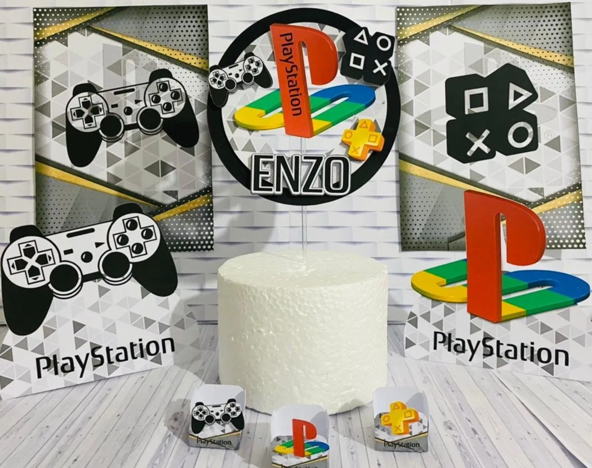 Decoração de papel com tema de videogame para topo de bolo e mesa.