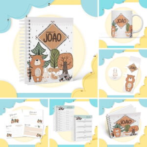 Coleção de itens personalizados com ilustrações de animais da floresta em tons suaves.