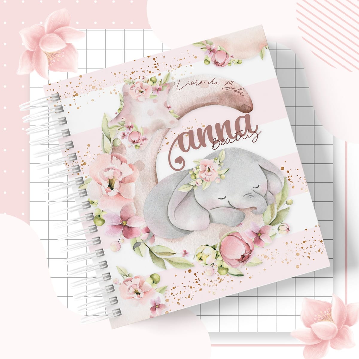 Kit Maternidade Digital com 53 Temas Aquarela para Imprimir 2 Capa de caderno personalizada com elefante fofo dormindo e flores em aquarela rosa